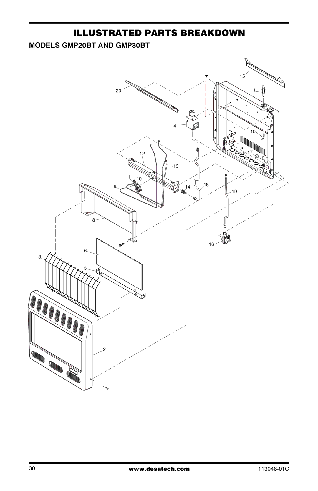 Desa GMP26T, GMP20BT, GMP16T installation manual Illustrated Parts Breakdown, Models GMP20BT and GMP30BT 