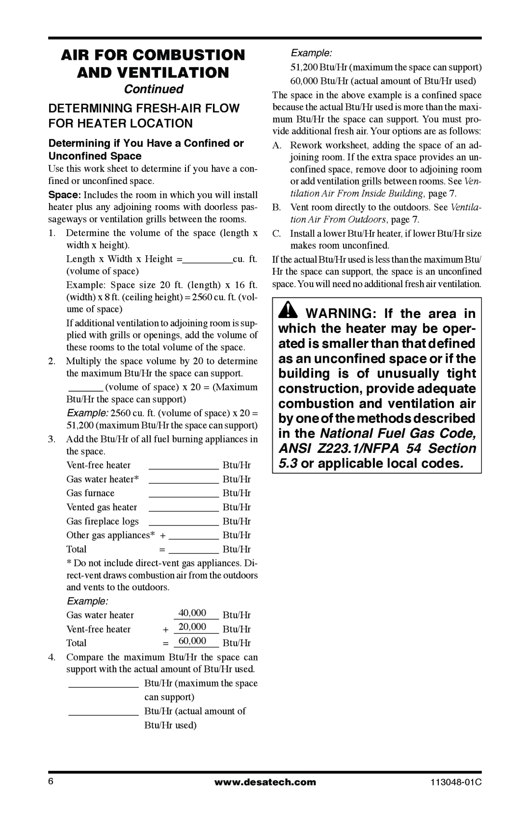 Desa GMP26T, GMP20BT, GMP16T, GMP30BT installation manual Determining FRESH-AIR Flow for Heater Location 