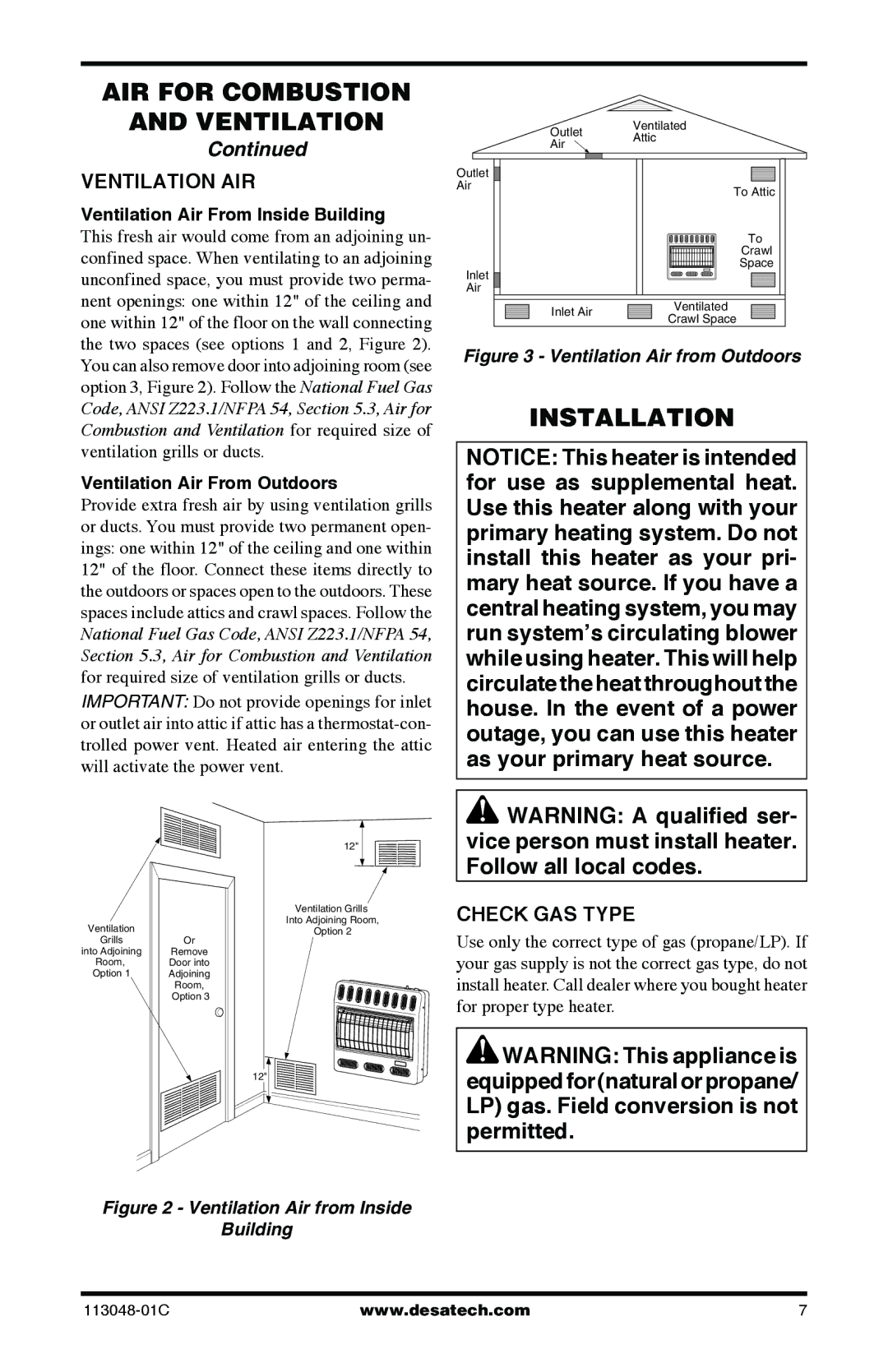 Desa GMP16T, GMP26T, GMP20BT, GMP30BT Installation, Ventilation AIR, Check GAS Type, Ventilation Air From Inside Building 