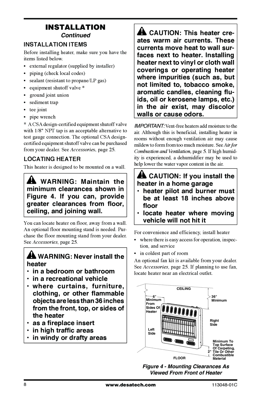 Desa GMP26T, GMP20BT, GMP16T, GMP30BT installation manual Installation Items, Locating Heater 