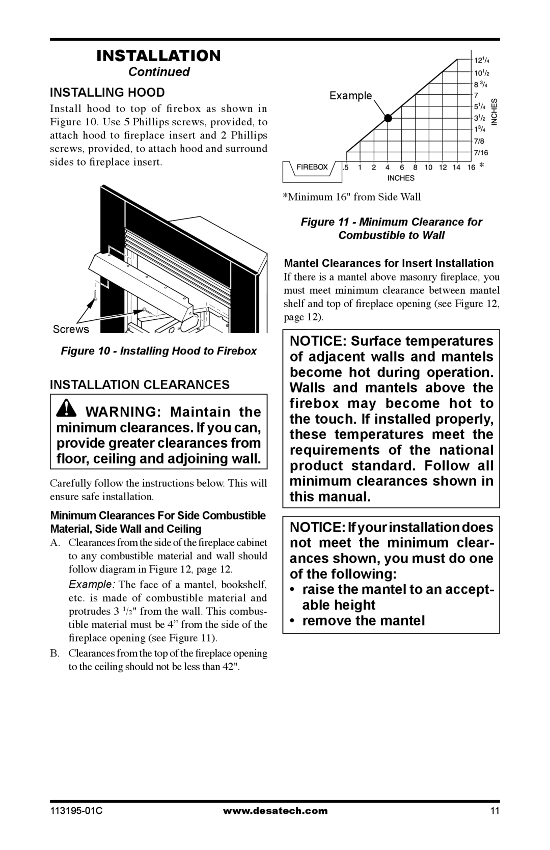 Desa GS38 installation manual Installing Hood, Installation Clearances, Material, Side Wall and Ceiling 