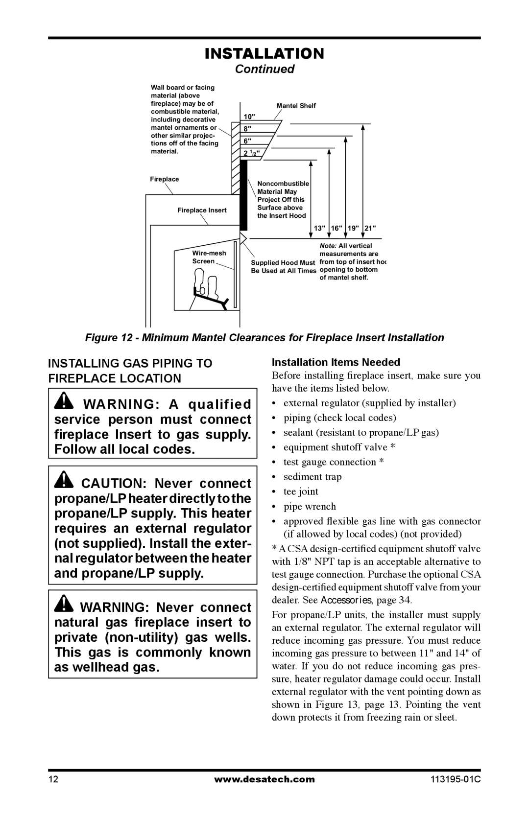 Desa GS38 installation manual Installing Gas Piping to Fireplace Location, Installation Items Needed 