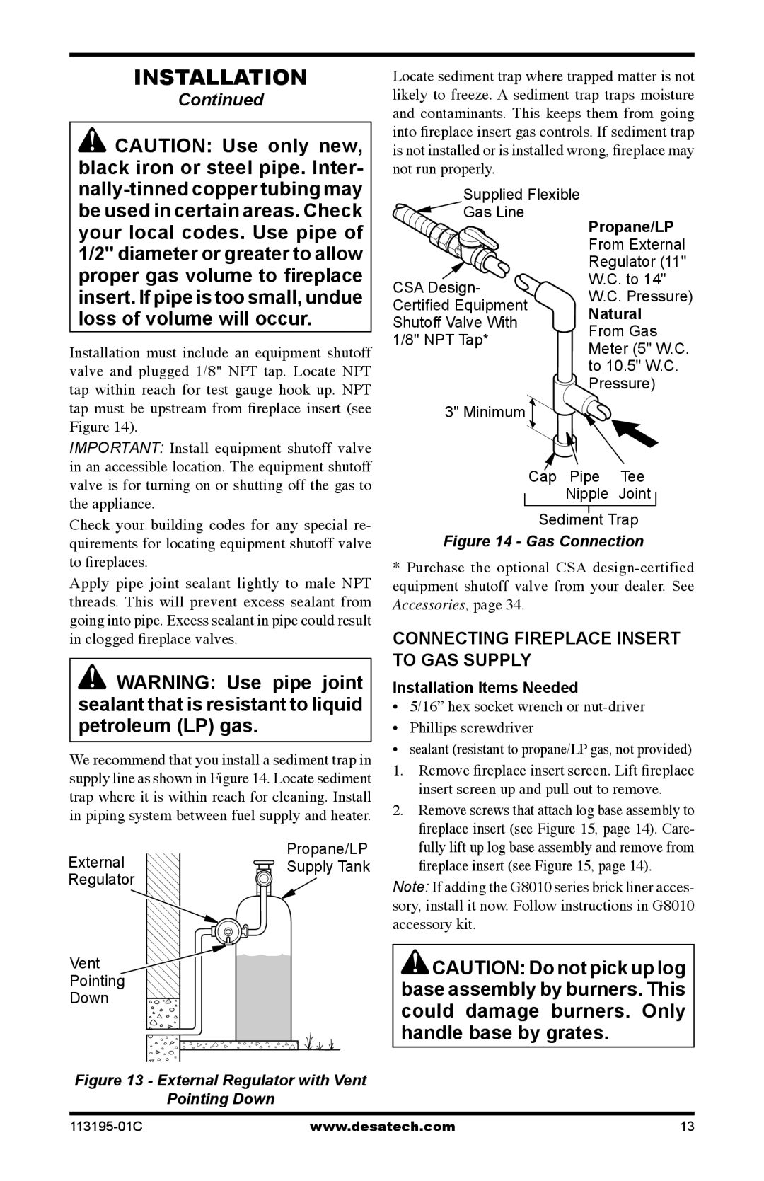 Desa GS38 installation manual Connecting Fireplace Insert to GAS Supply, Propane/LP, Natural 