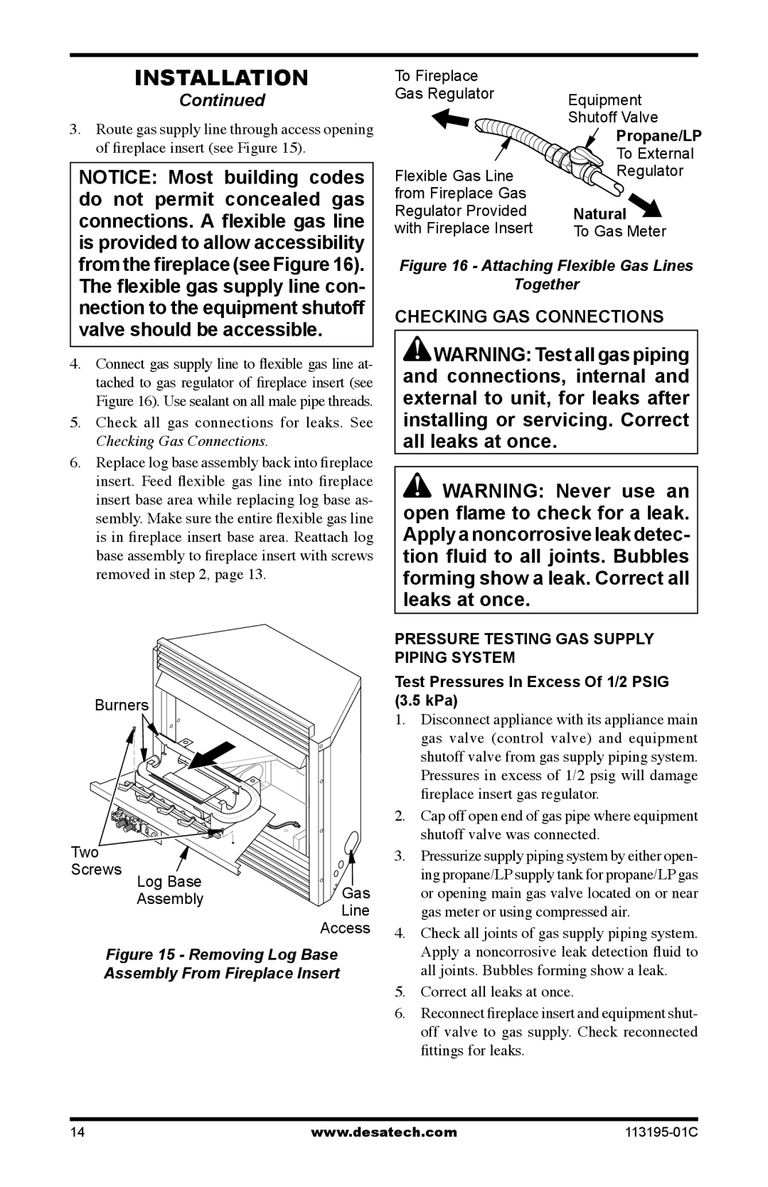 Desa GS38 installation manual Checking GAS Connections, Checking Gas Connections 