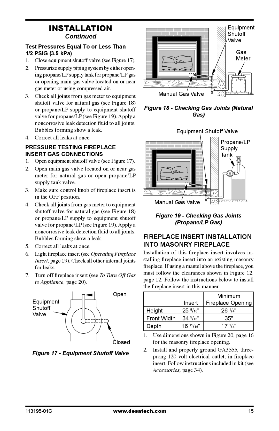 Desa GS38 Fireplace Insert Installation into masonry fireplace, Test Pressures Equal To or Less Than Psig 3.5 kPa 