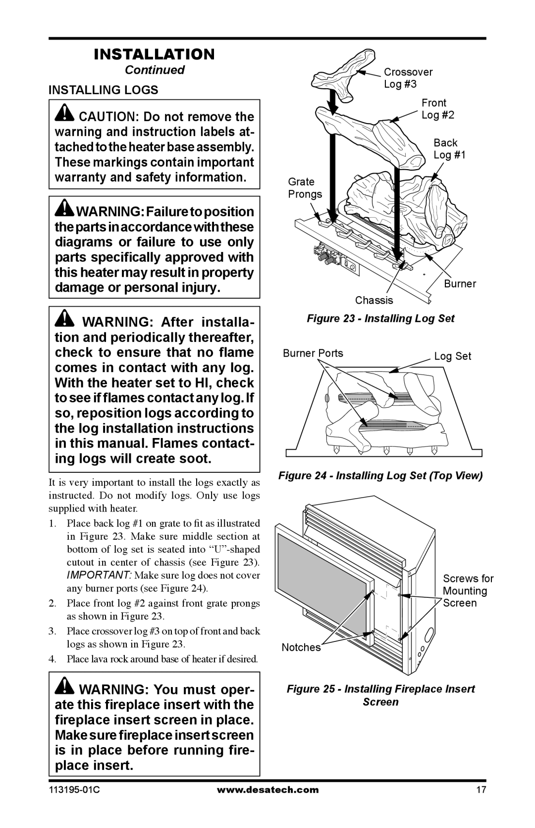 Desa GS38 installation manual Installing Logs, Installing Log Set 