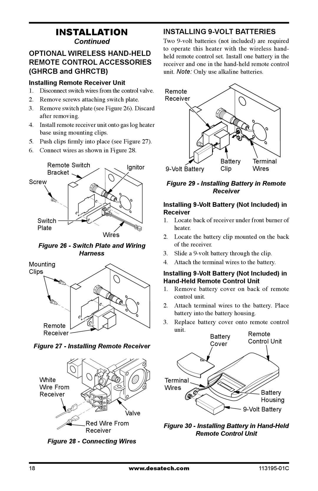 Desa GS38 Installing 9-Volt Batteries, Installing Remote Receiver Unit, Installing 9-Volt Battery Not Included Receiver 