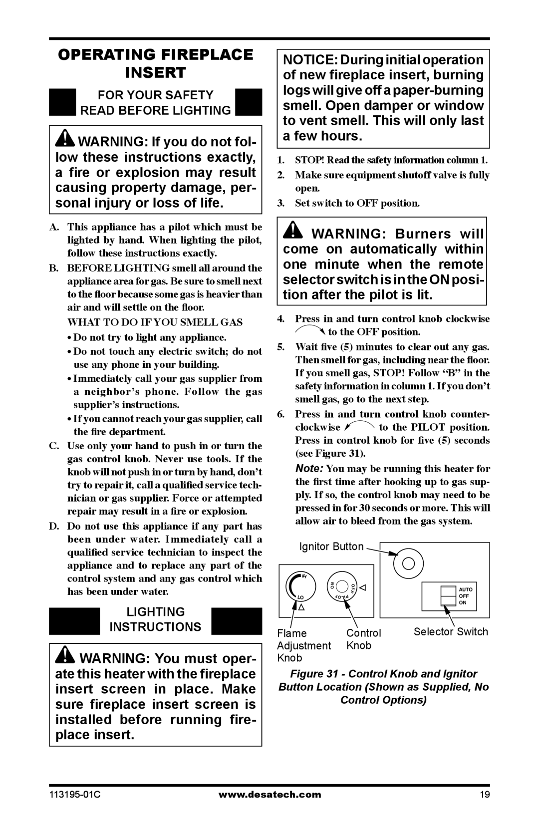 Desa GS38 installation manual Operating Fireplace Insert, For your safety Read before lighting, Lighting Instructions 