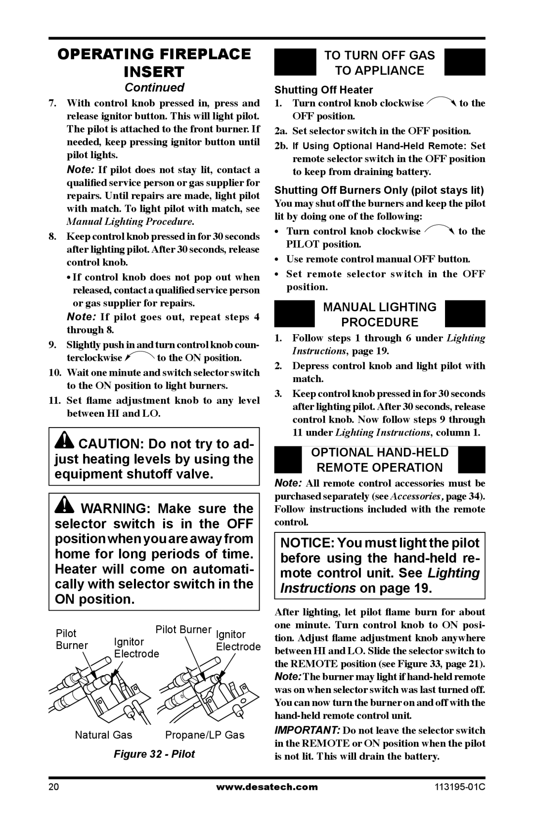 Desa GS38 installation manual To Turn OFF GAS To Appliance, Manual Lighting Procedure, Optional Hand-Held, Remote Operation 