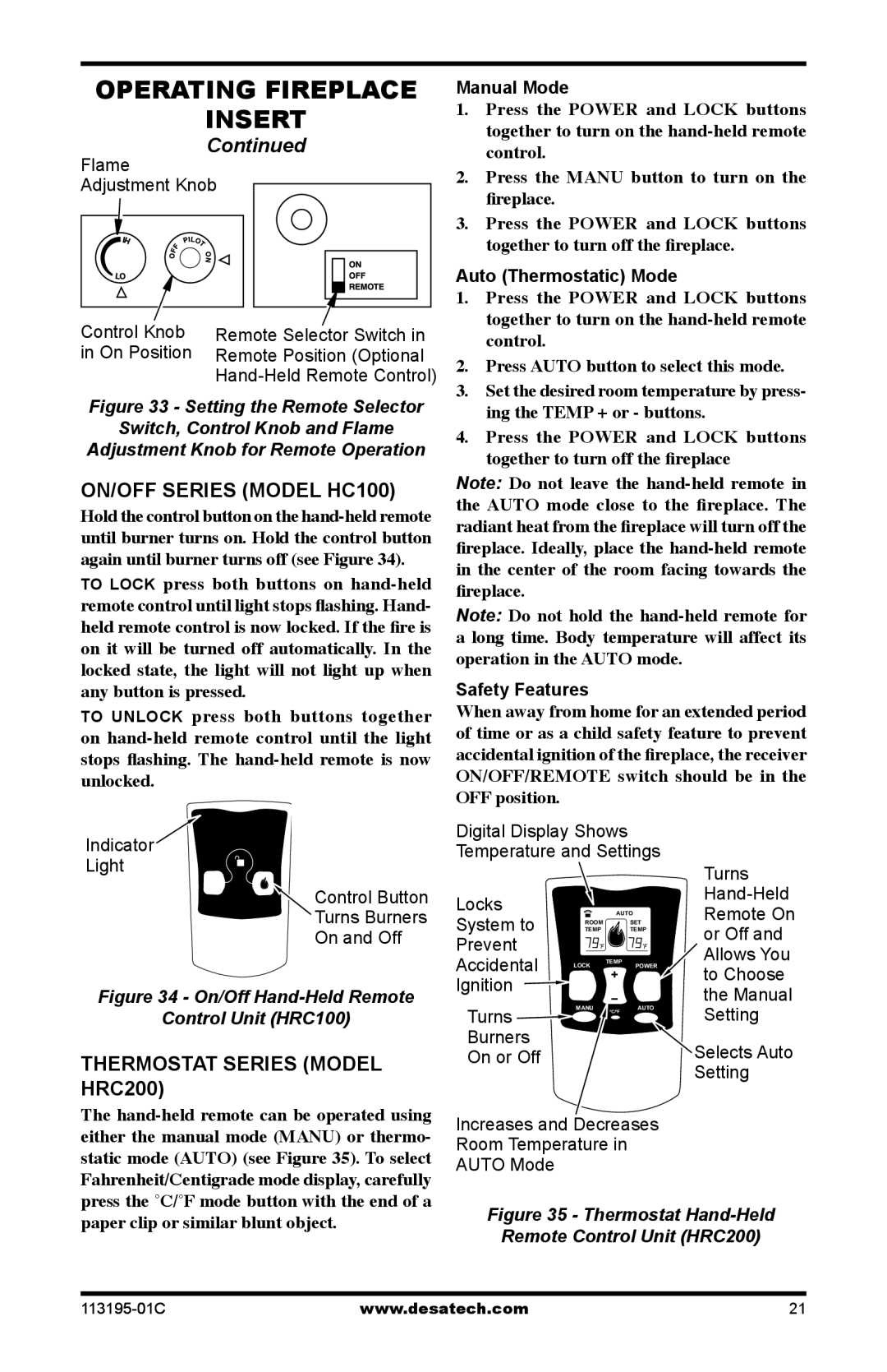 Desa GS38 On/Off Series Model HC100, Thermostat Series Model HRC200, Manual Mode, Auto Thermostatic Mode, Safety Features 