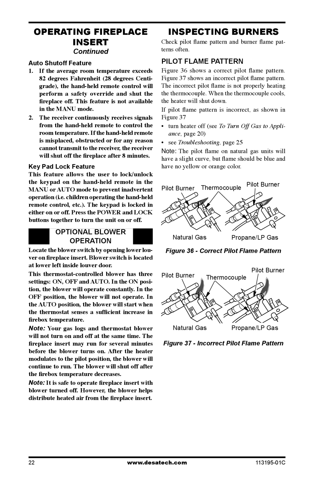 Desa GS38 Inspecting Burners, Optional Blower Operation, Pilot Flame Pattern, Auto Shutoff Feature, Key Pad Lock Feature 