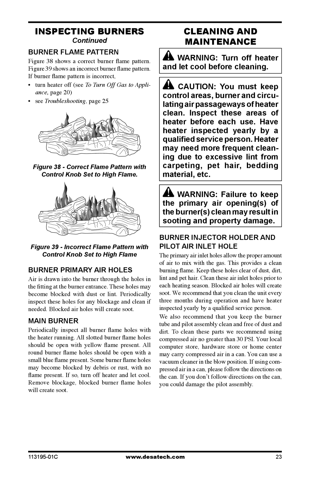 Desa GS38 installation manual Cleaning Maintenance, Burner Flame Pattern, Burner Primary AIR Holes, Main burner 