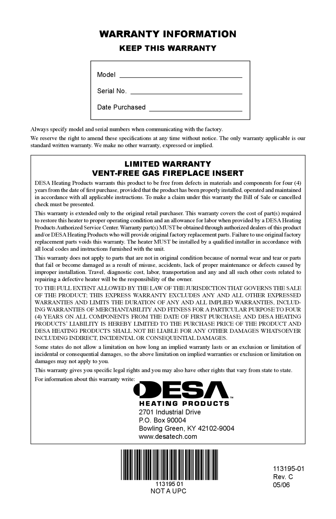 Desa GS38 installation manual Warranty Information, Keep this Warranty, Limited Warranty VENT-FREE GAS Fireplace Insert 