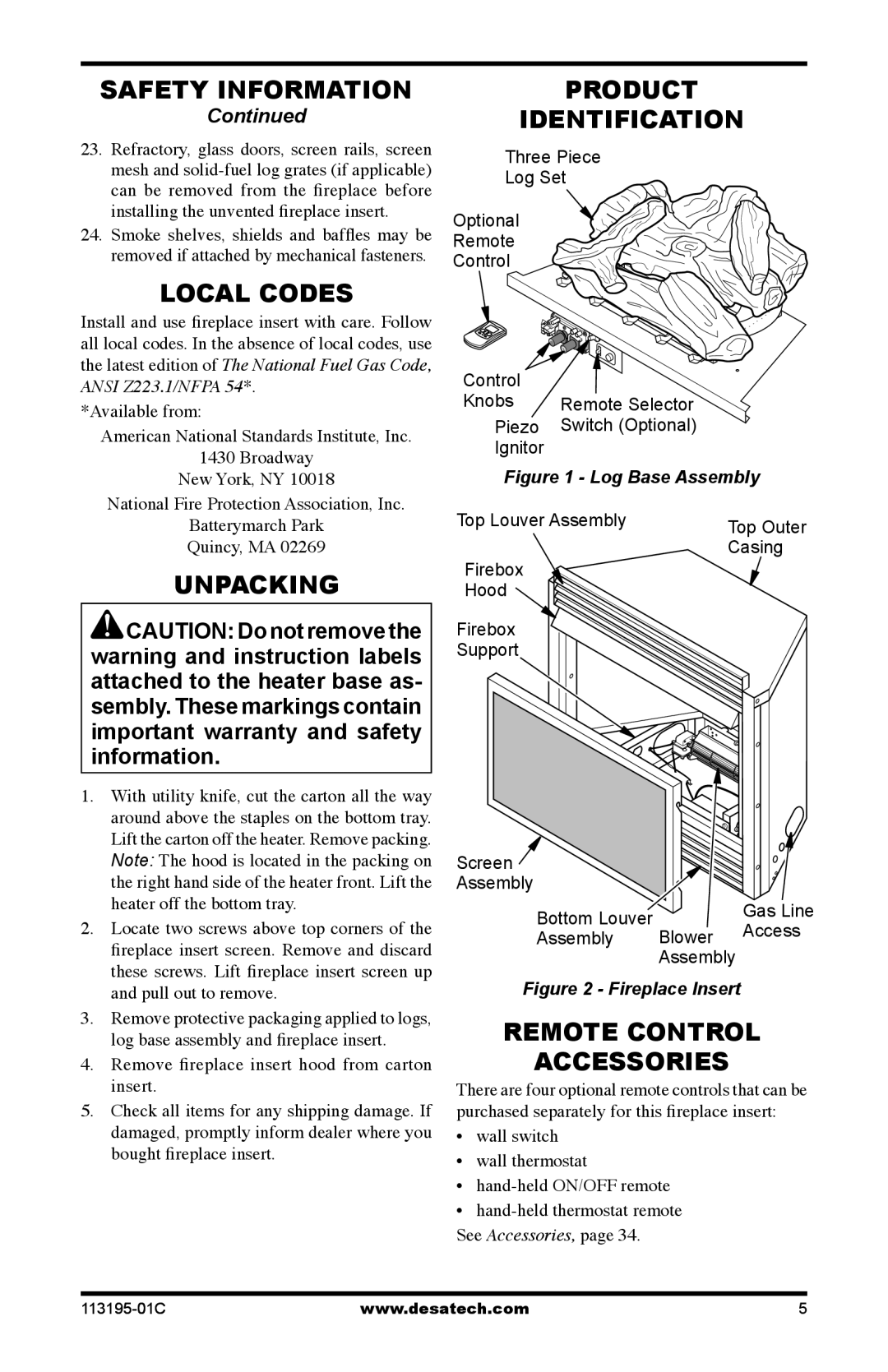 Desa GS38 installation manual Local Codes, Unpacking, Product Identification, Remote Control Accessories 