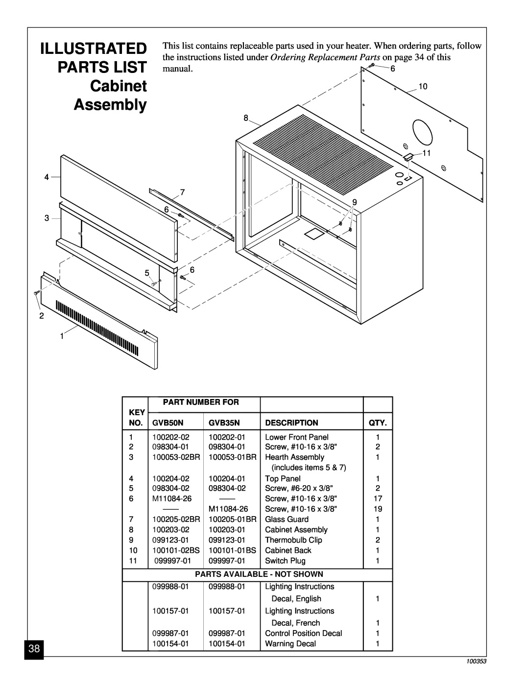 Desa GVB35N, GVB50N installation manual ILLUSTRATED PARTS LIST Cabinet Assembly 