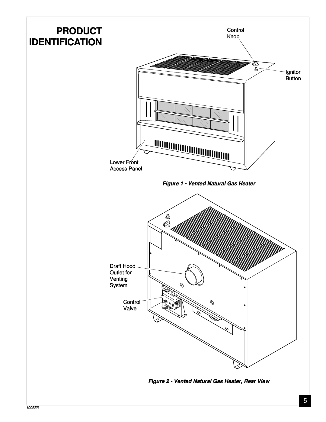 Desa GVB50N, GVB35N installation manual Product Identification, Vented Natural Gas Heater, Rear View, 100353 