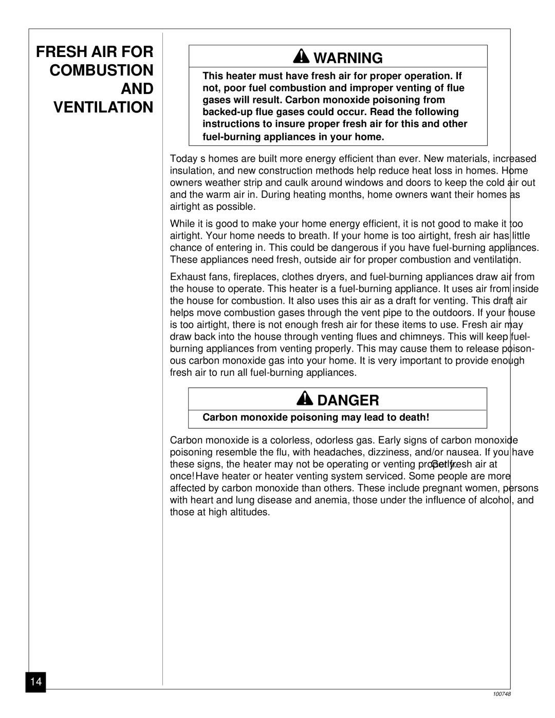 Desa GVC65PA, GVC35PA, GVC50PA Fresh AIR for Combustion and Ventilation, Carbon monoxide poisoning may lead to death 