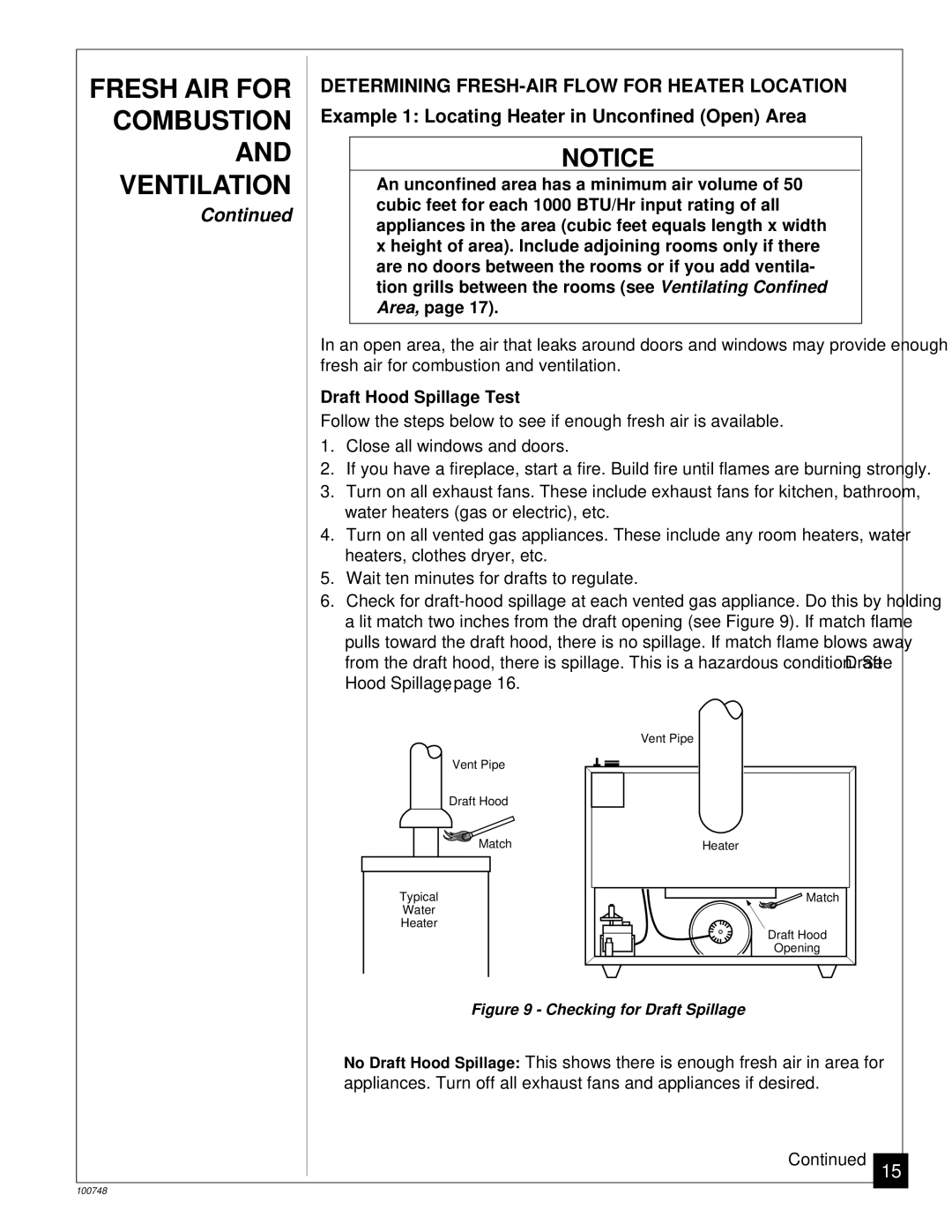 Desa GVC35PA, GVC50PA Combustion, Ventilation, Determining FRESH-AIR Flow for Heater Location, Draft Hood Spillage Test 