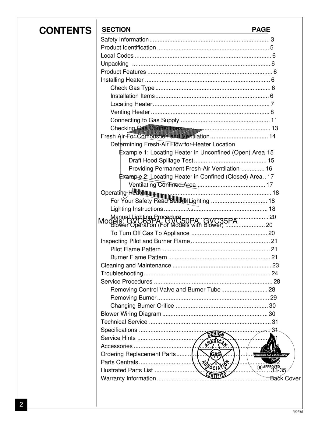 Desa GVC65PA, GVC35PA, GVC50PA installation manual Contents 