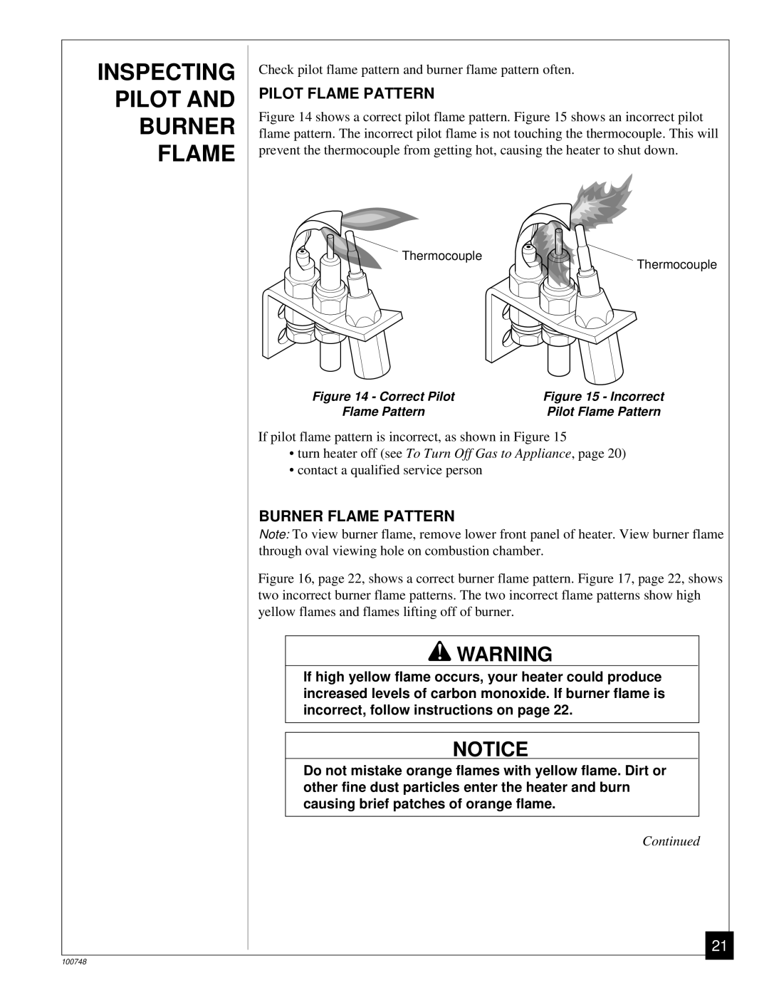 Desa GVC35PA, GVC50PA, GVC65PA Inspecting Pilot and Burner Flame, Pilot Flame Pattern, Burner Flame Pattern 