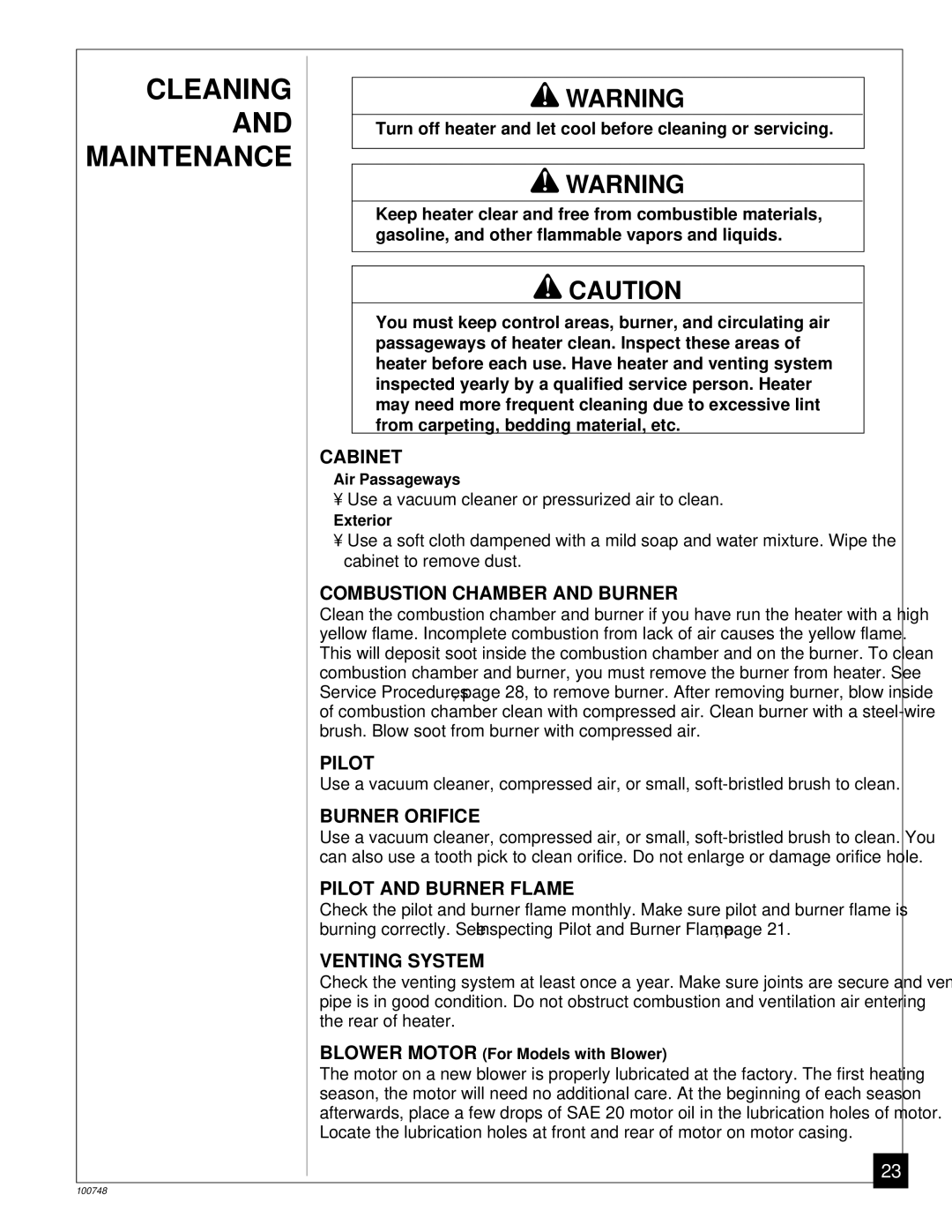 Desa GVC65PA, GVC35PA, GVC50PA installation manual Cleaning, Maintenance 