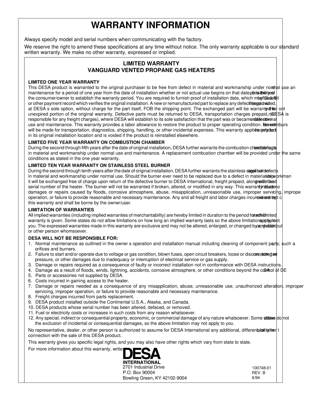 Desa GVC35PA, GVC50PA, GVC65PA installation manual Warranty Information, Limited Warranty Vanguard Vented Propane GAS Heaters 