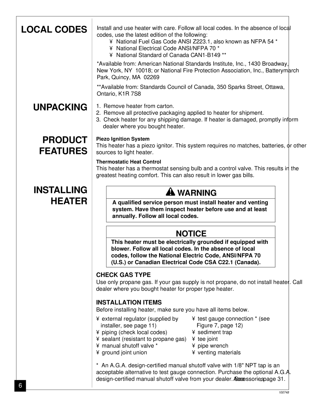 Desa GVC35PA, GVC50PA, GVC65PA installation manual Local Codes, Unpacking, Product, Features, Installing Heater 