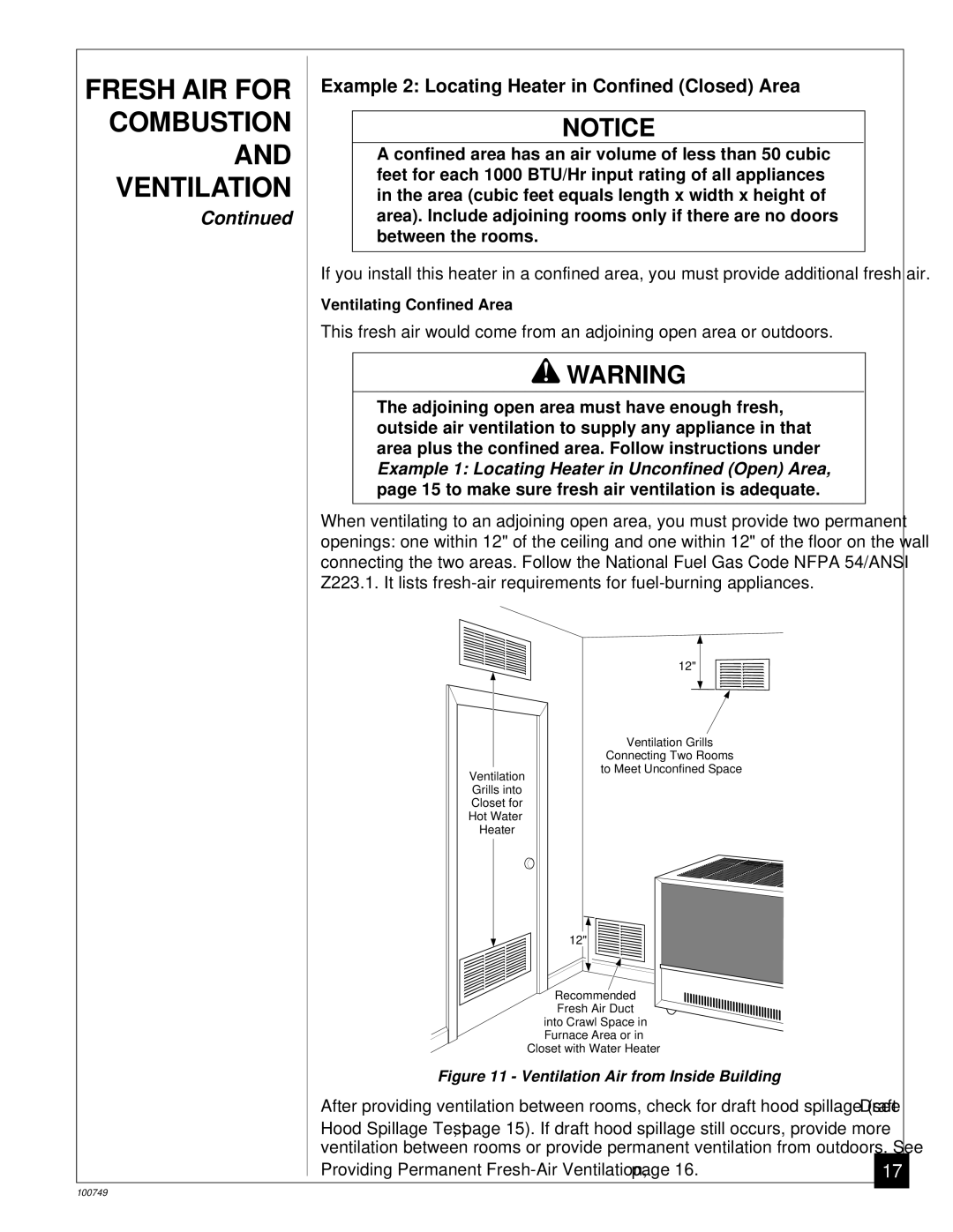 Desa GVC65NA, GVC50NA, GVC35NA installation manual Example 2 Locating Heater in Confined Closed Area 