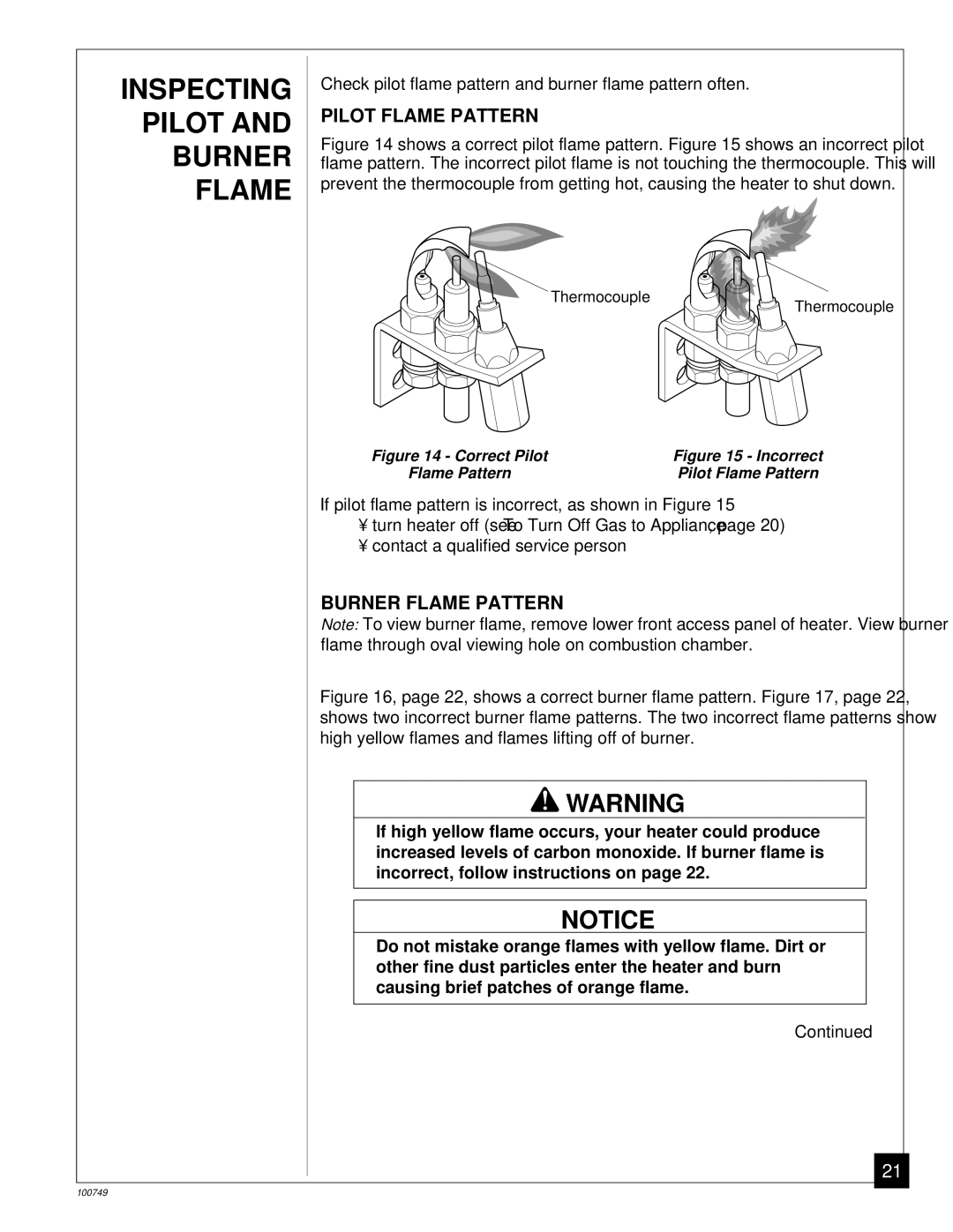 Desa GVC50NA, GVC35NA, GVC65NA Inspecting Pilot and Burner Flame, Pilot Flame Pattern, Burner Flame Pattern 