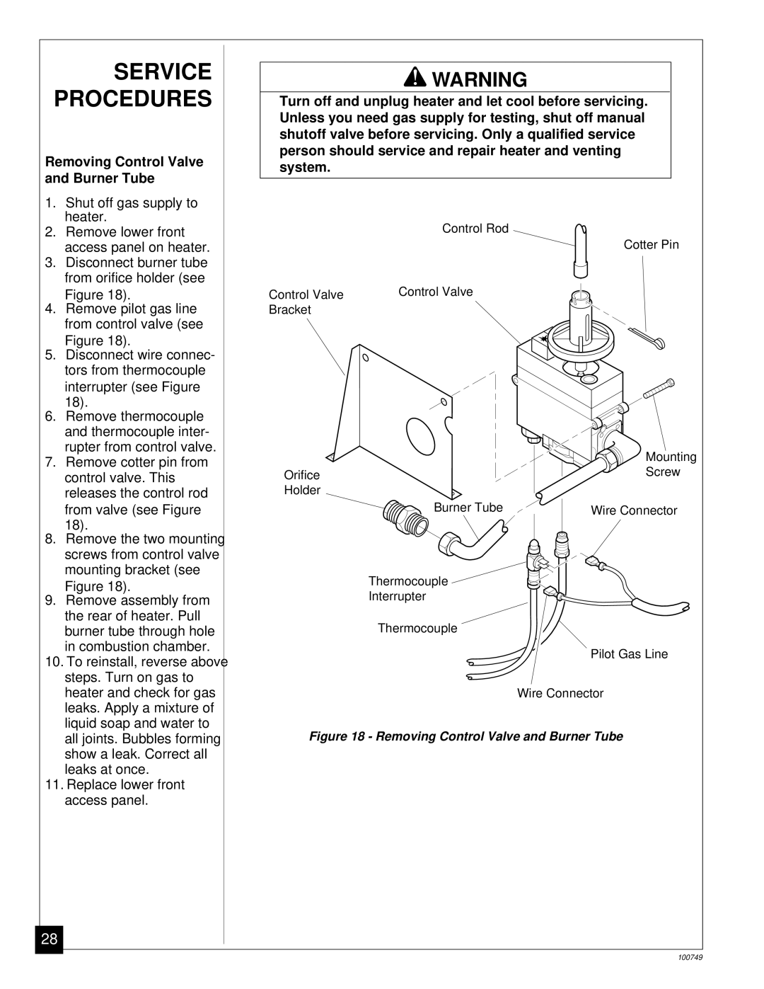 Desa GVC35NA, GVC50NA, GVC65NA installation manual Service Procedures, Removing Control Valve and Burner Tube 