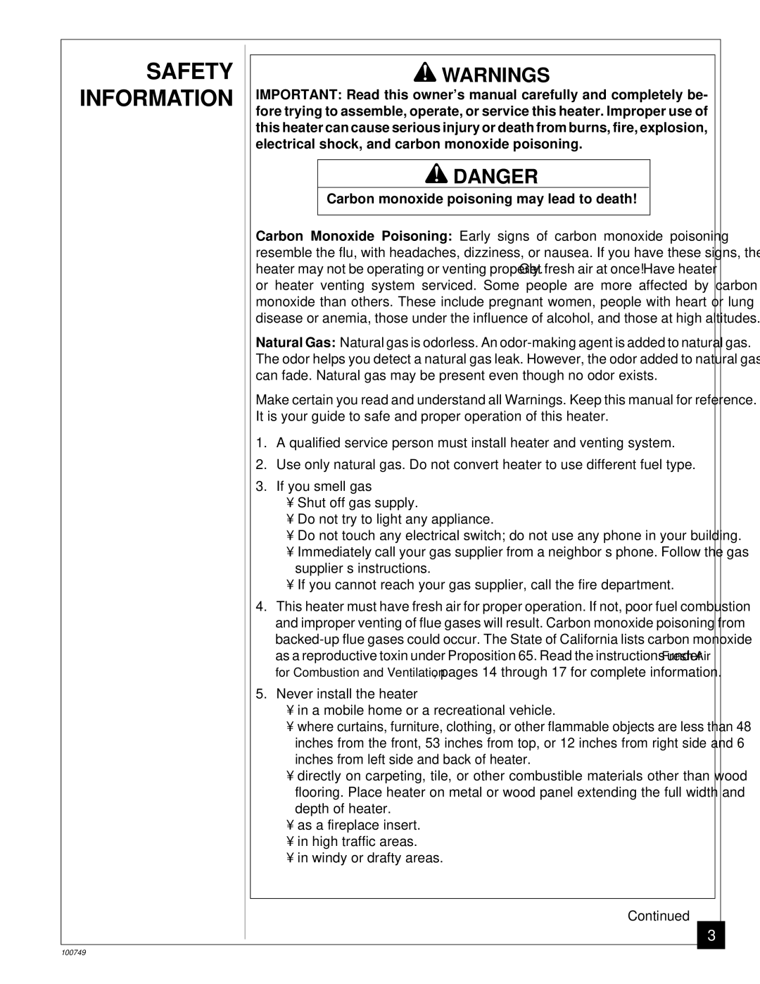 Desa GVC50NA, GVC35NA, GVC65NA installation manual Safety Information, Carbon monoxide poisoning may lead to death 