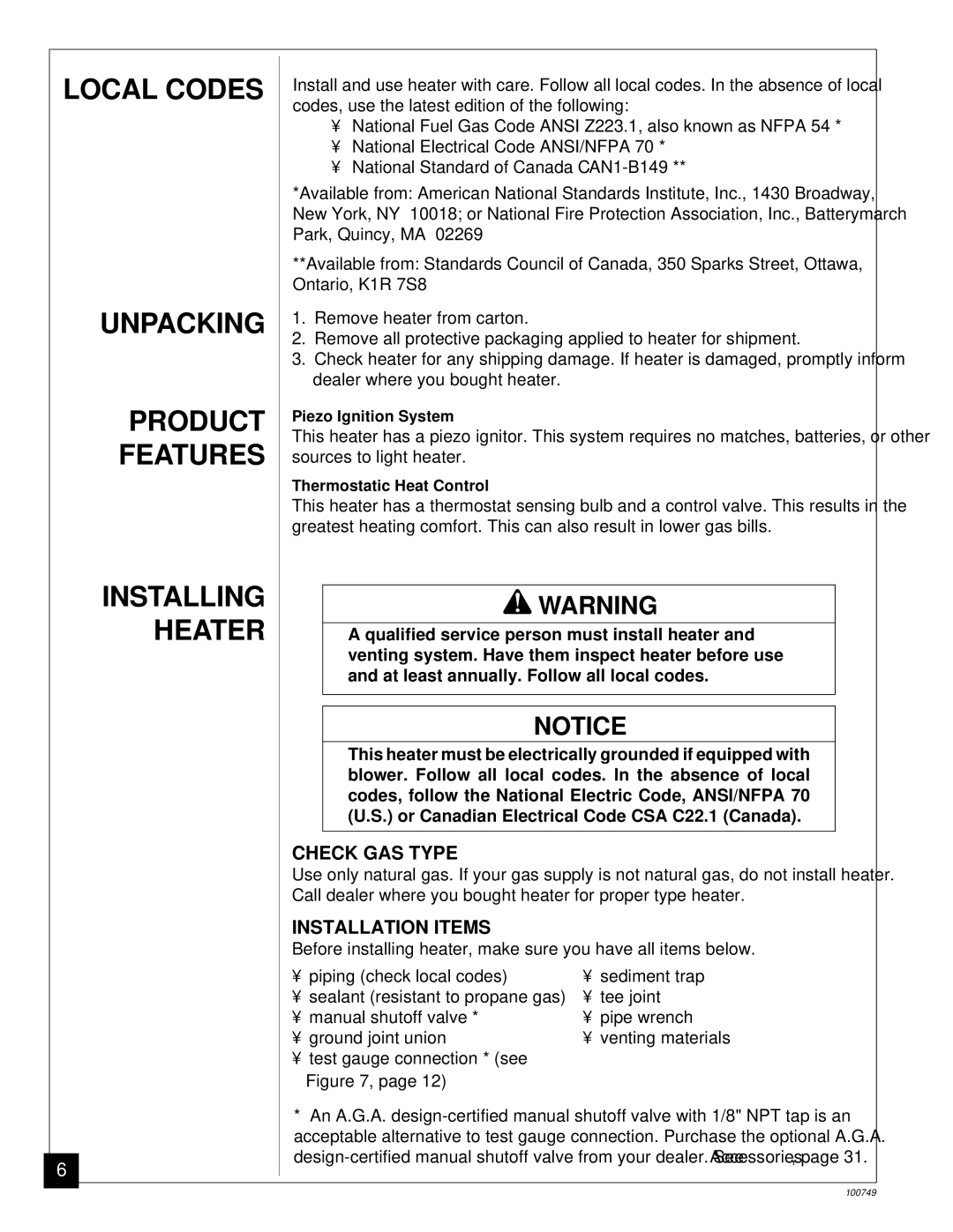 Desa GVC50NA, GVC35NA, GVC65NA installation manual Local Codes Unpacking Product Features, Check GAS Type, Installation Items 