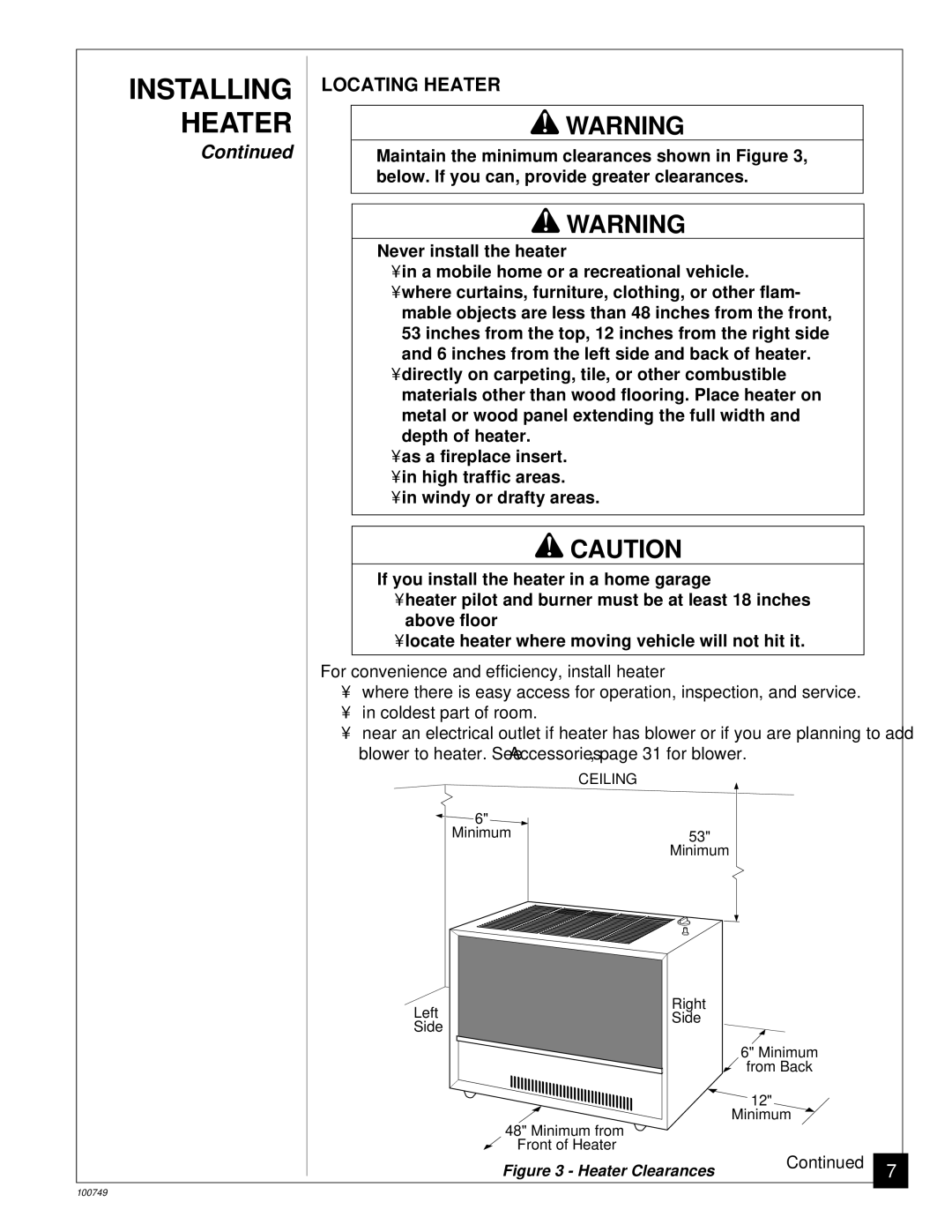 Desa GVC35NA, GVC50NA, GVC65NA installation manual Locating Heater, Heater Clearances 