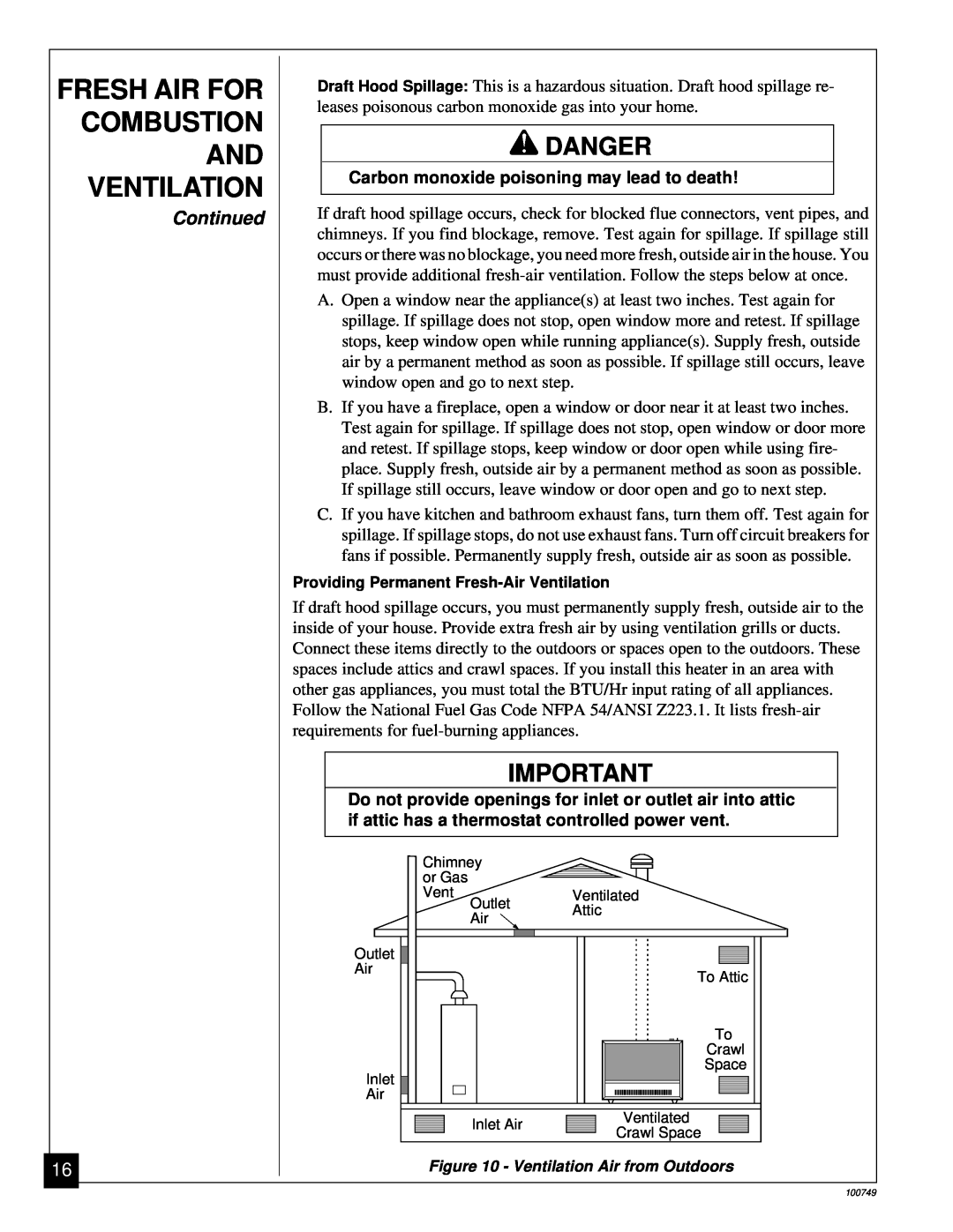 Desa GVC35NA Fresh Air For Combustion And Ventilation, Danger, Continued, Carbon monoxide poisoning may lead to death 