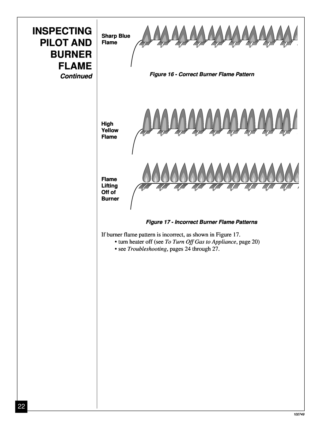 Desa GVC35NA, GVC50NA Inspecting Pilot And Burner Flame, Continued, Sharp Blue Flame, Correct Burner Flame Pattern, 100749 