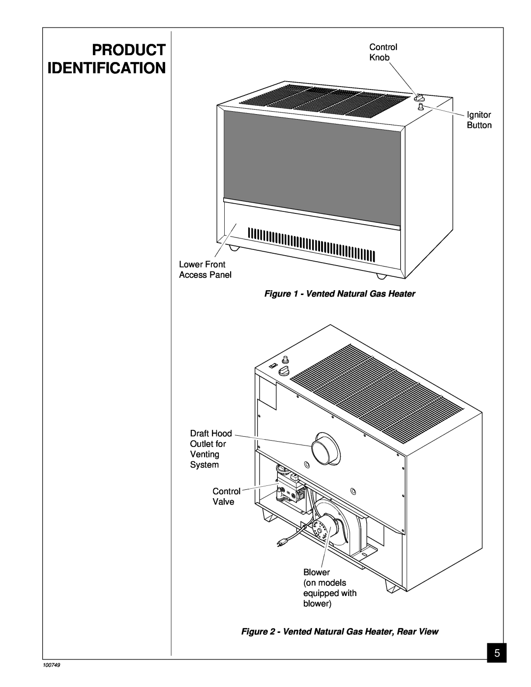 Desa GVC65NA, GVC50NA, GVC35NA installation manual Product Identification, Vented Natural Gas Heater, Rear View, 100749 