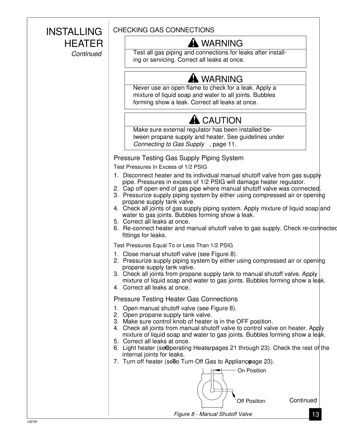 Desa GVR35PA, GVR65PA, GVR50PA, GVR65BPA, GVR50BPA Checking GAS Connections, Pressure Testing Gas Supply Piping System 