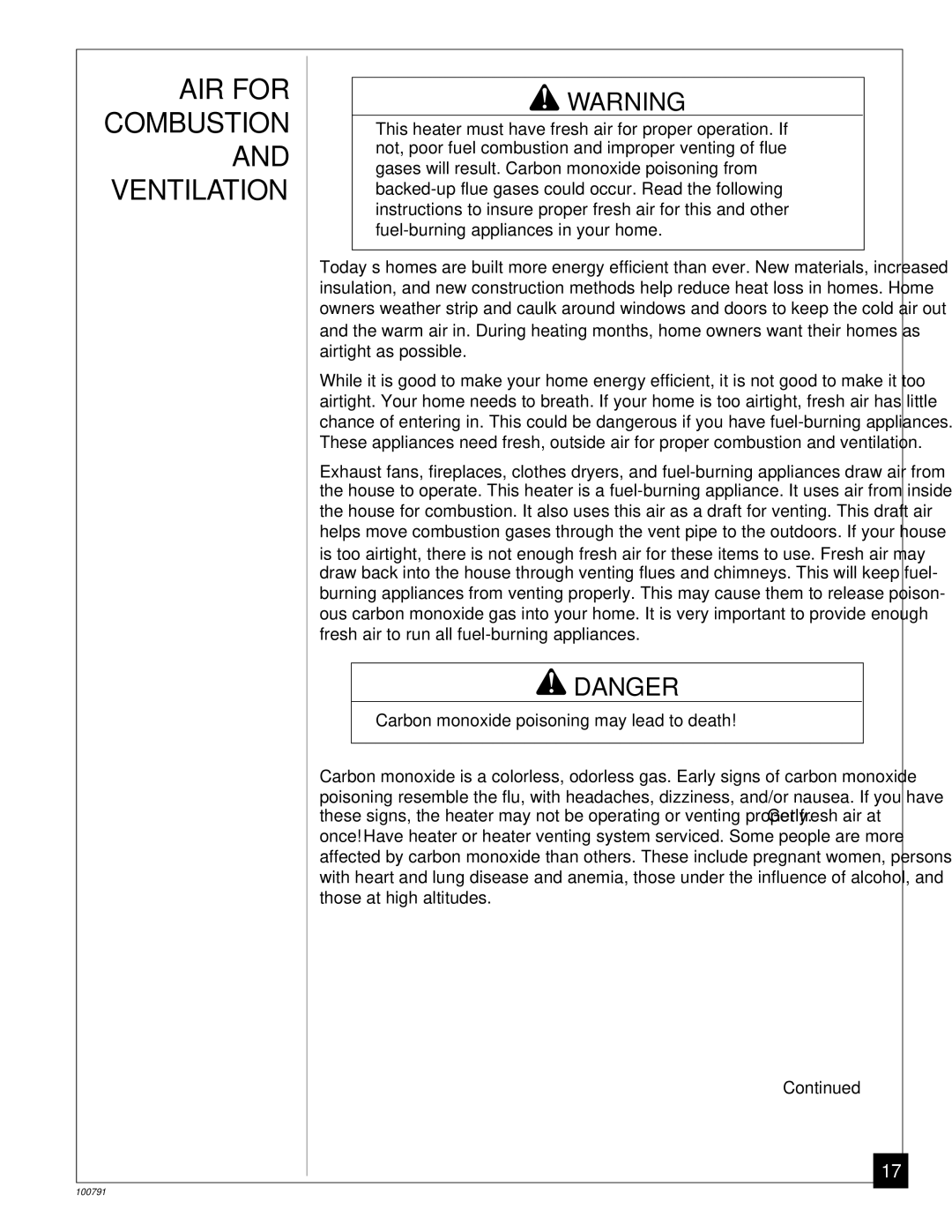 Desa GVR65BPA, GVR65PA, GVR50PA, GVR35PA AIR for Combustion and Ventilation, Carbon monoxide poisoning may lead to death 