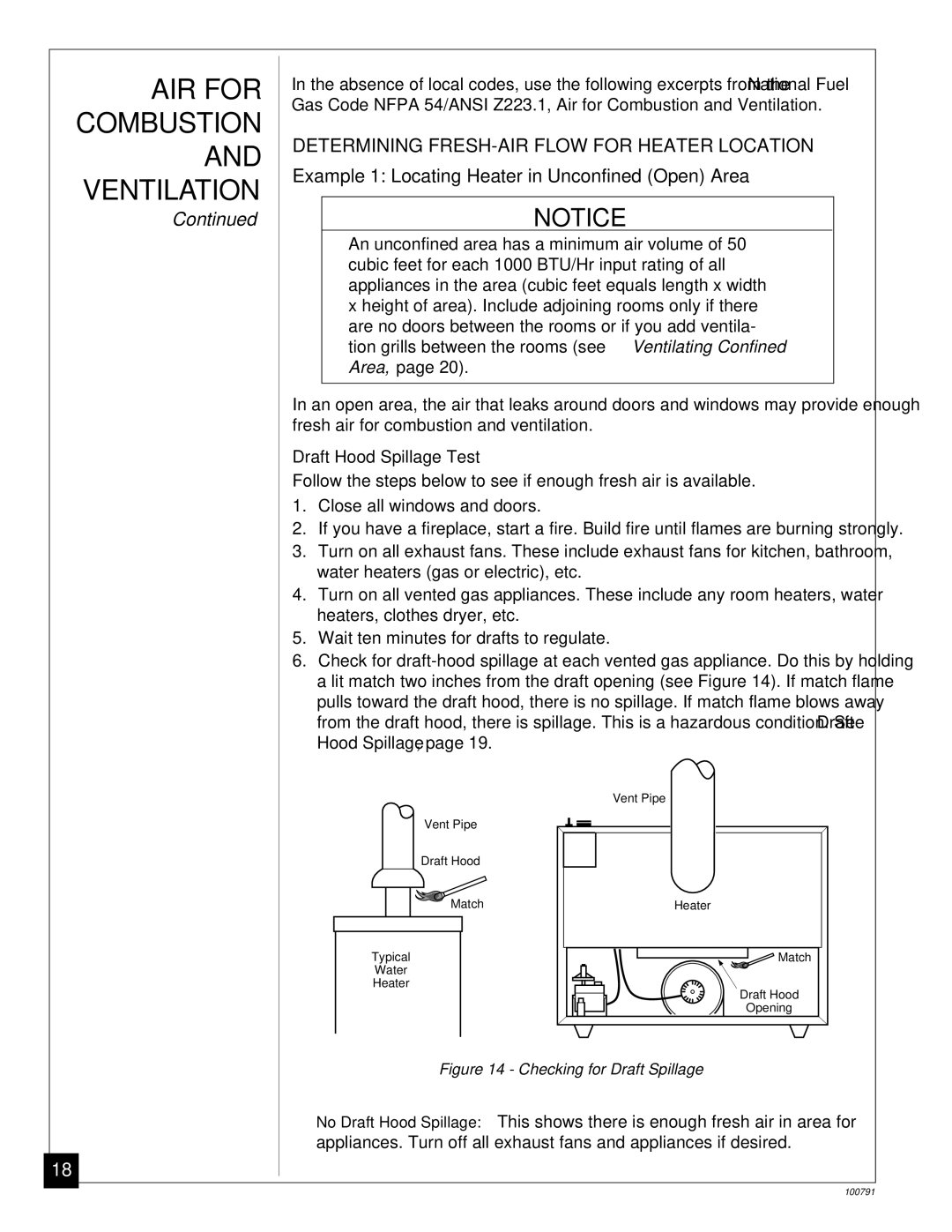 Desa GVR35PA, GVR65PA AIR for, Ventilation, Determining FRESH-AIR Flow for Heater Location, Draft Hood Spillage Test 