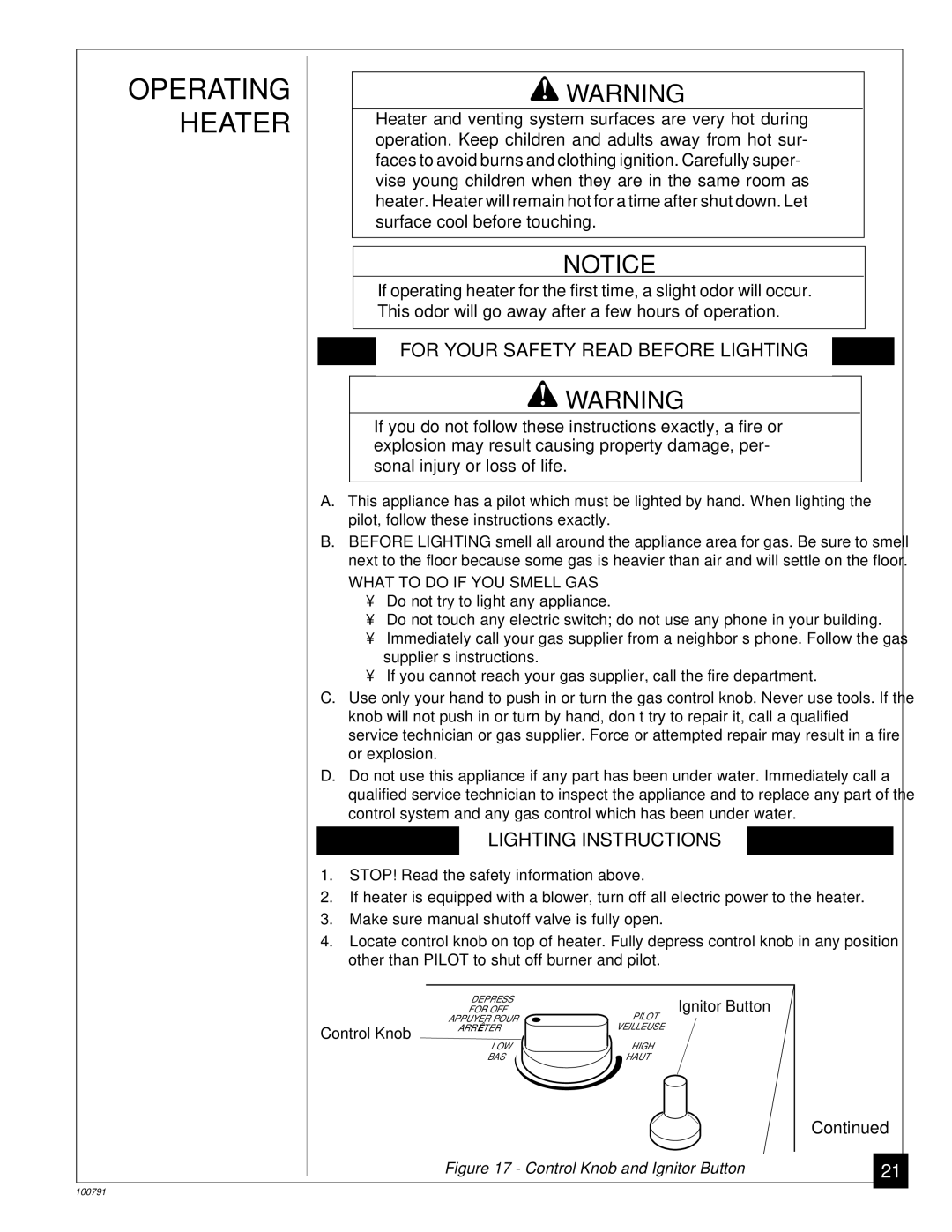 Desa GVR50PA, GVR65PA, GVR65BPA, GVR35PA, GVR50BPA installation manual Operating Heater, For Your Safety Read Before Lighting 