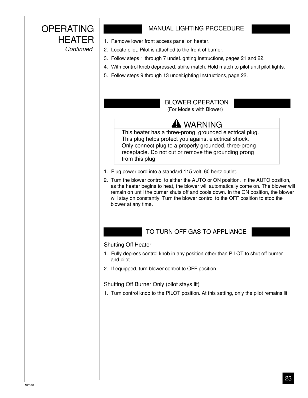 Desa GVR35PA, GVR65PA Manual Lighting Procedure, Blower Operation, To Turn OFF GAS to Appliance, Shutting Off Heater 