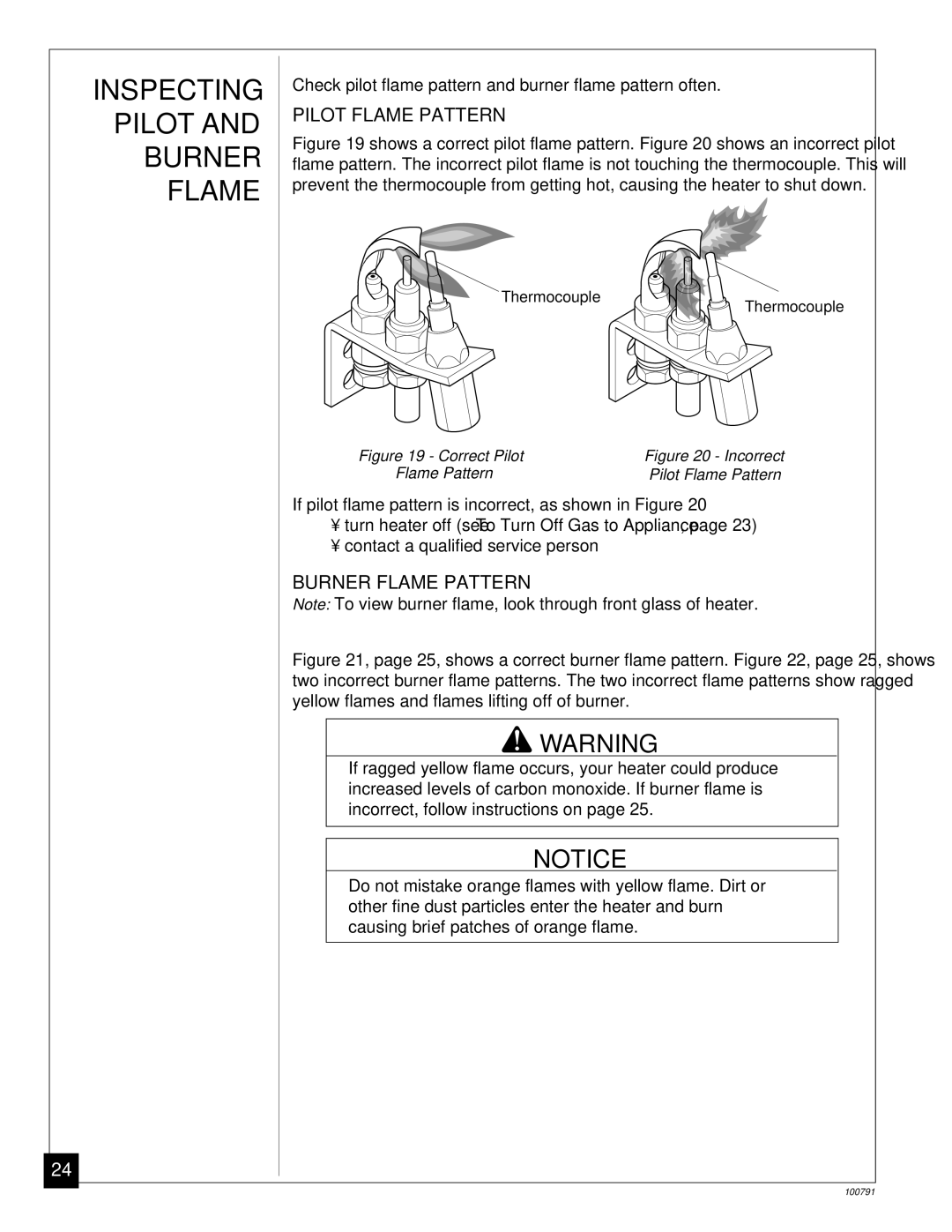 Desa GVR50BPA, GVR65PA, GVR50PA, GVR65BPA Inspecting Pilot and Burner Flame, Pilot Flame Pattern, Burner Flame Pattern 