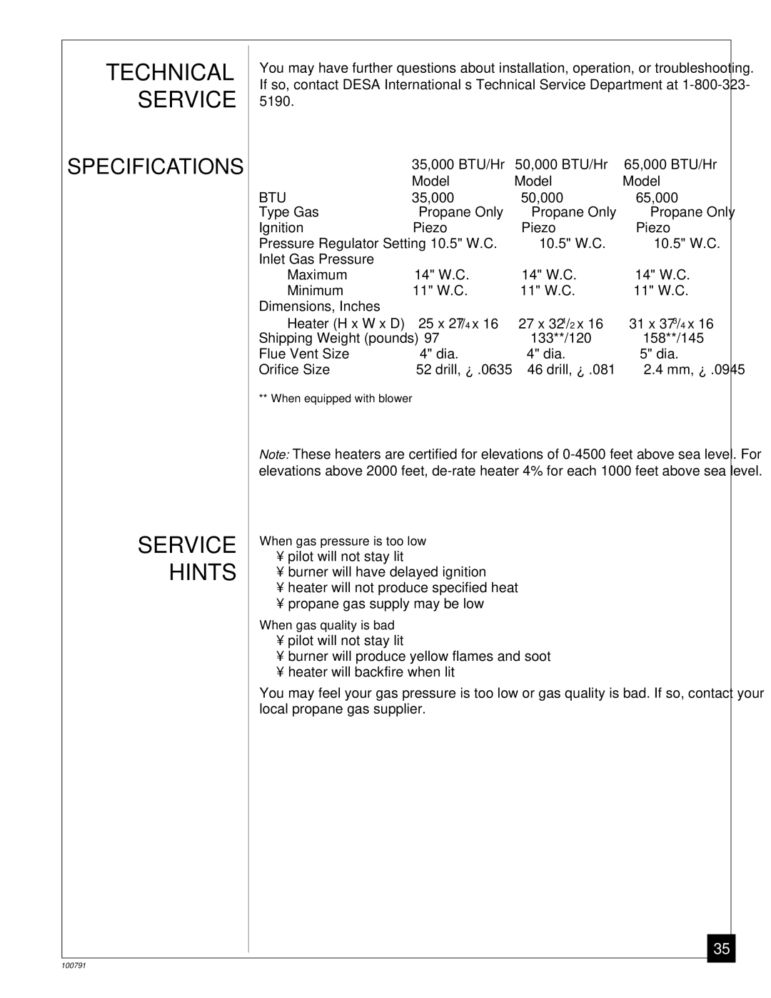 Desa GVR65PA, GVR50PA, GVR65BPA, GVR35PA, GVR50BPA Technical Service, Service Hints, 35,000 BTU/Hr 50,000 BTU/Hr, Model 