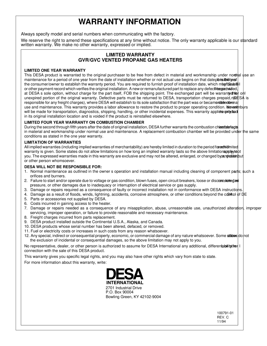 Desa GVR50BPA, GVR65PA, GVR50PA, GVR65BPA, GVR35PA Warranty Information, Limited Warranty GVR/GVC Vented Propane GAS Heaters 