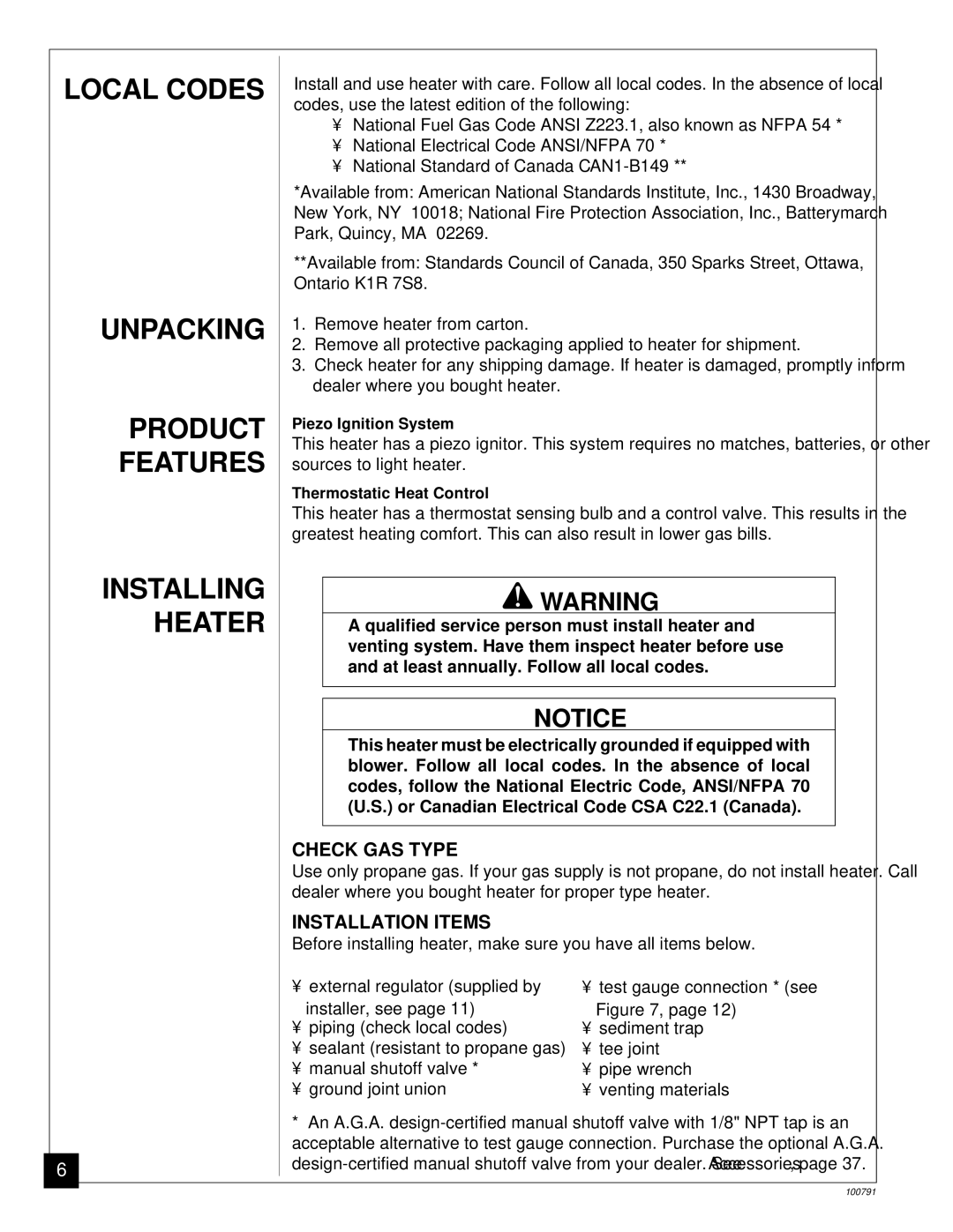 Desa GVR50PA, GVR65PA, GVR65BPA, GVR35PA, GVR50BPA installation manual Local Codes, Unpacking, Features, Installing Heater 