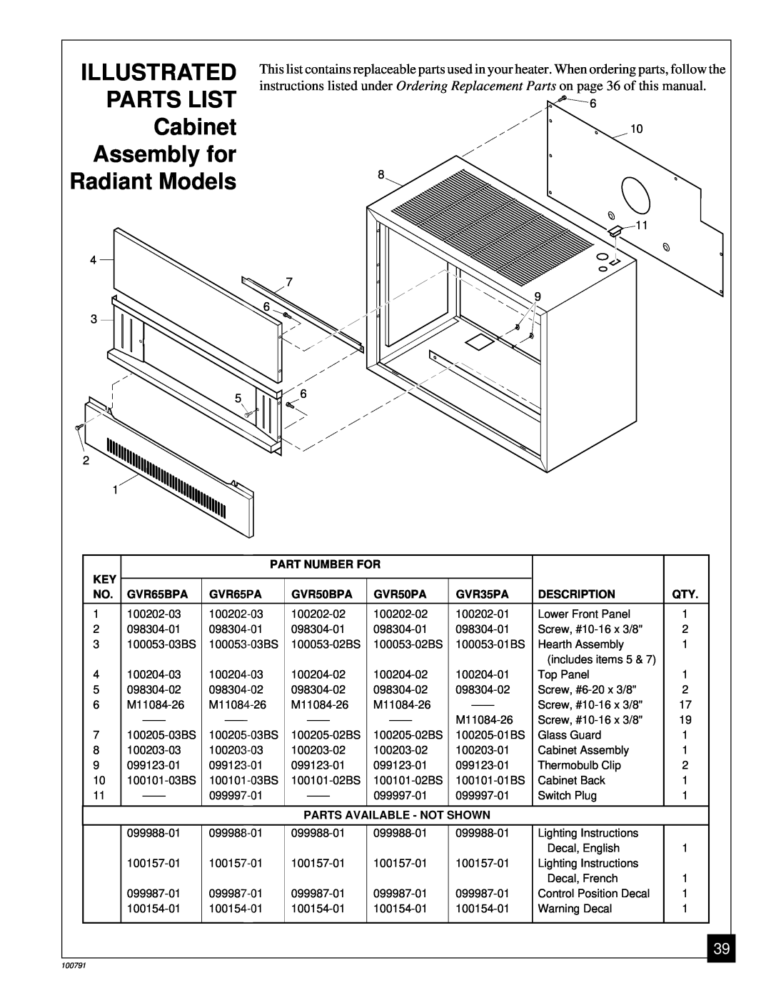 Desa GVR50BPA, GVR65PA, GVR50PA, GVR65BPA, GVR35PA ILLUSTRATED PARTS LIST Cabinet Assembly for Radiant Models 
