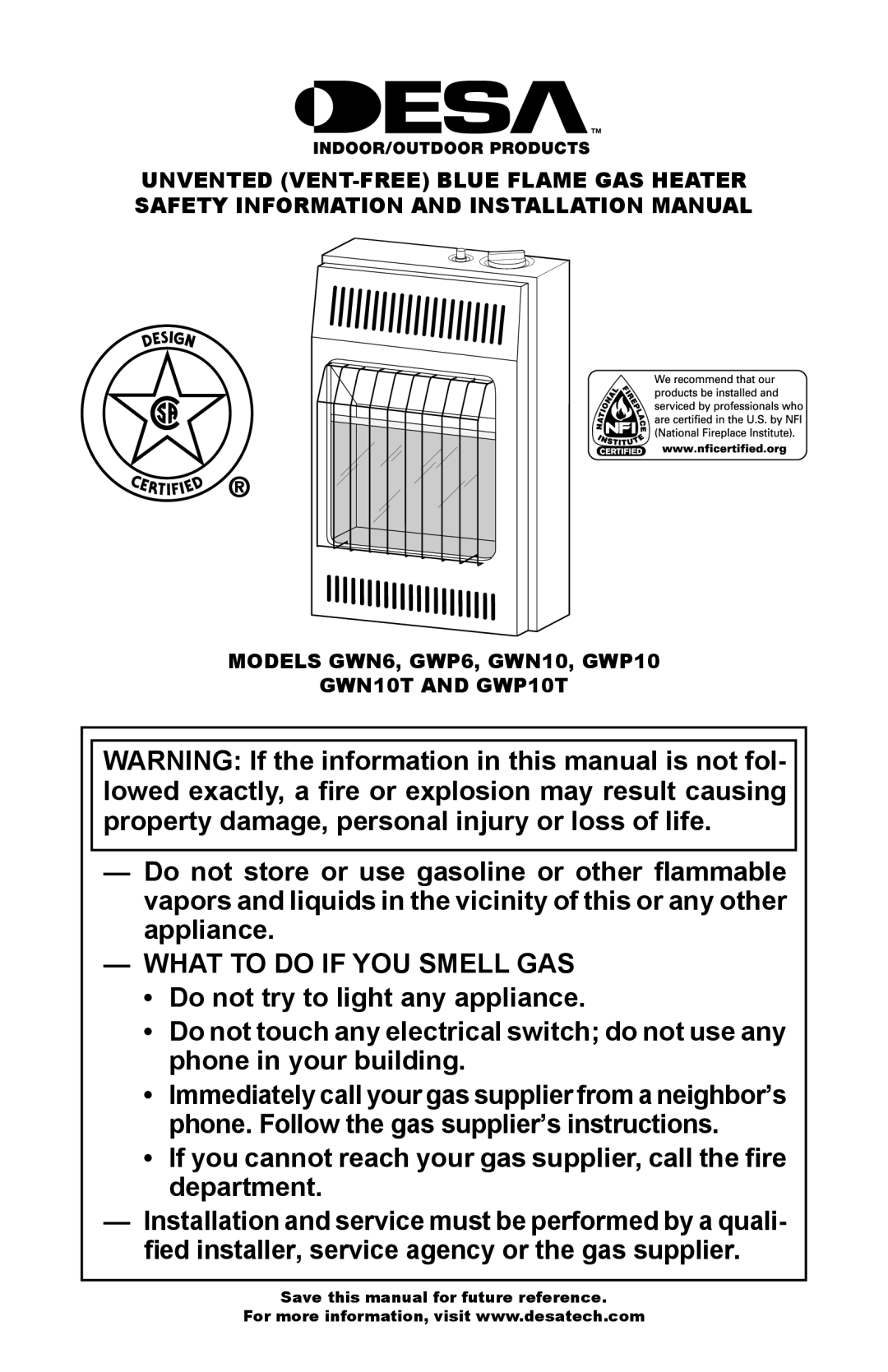 Desa GWP10 GWN10T installation manual What to do if YOU Smell GAS 