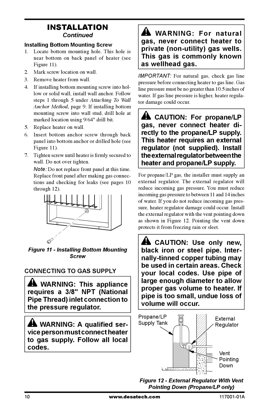 Desa GWP10 GWN10T installation manual Connecting to GAS Supply, Installing Bottom Mounting Screw 