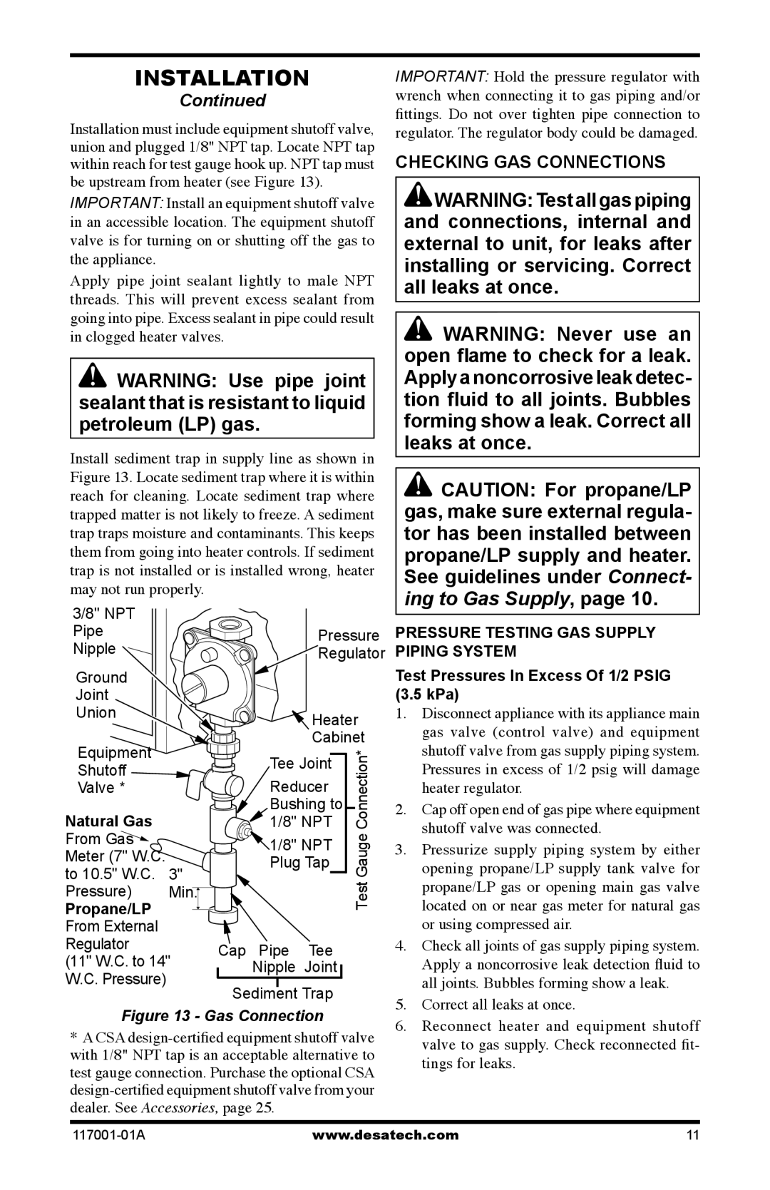 Desa GWP10 GWN10T Checking GAS Connections, Test Pressures In Excess Of 1/2 Psig 3.5 kPa, Natural Gas, Propane/LP 