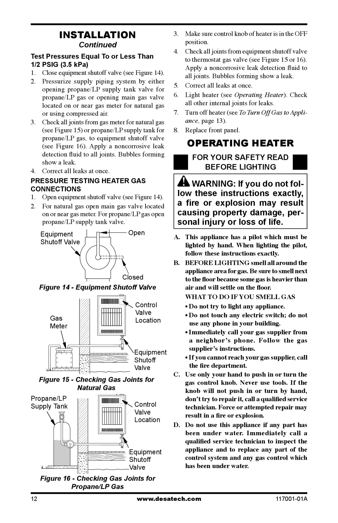 Desa GWP10 GWN10T installation manual Operating Heater, For Your Safety Read Before Lighting 